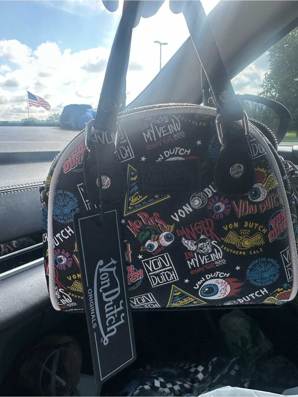 Von Dutch Black Multi-Logo Dome Satchel with Colorful Patches